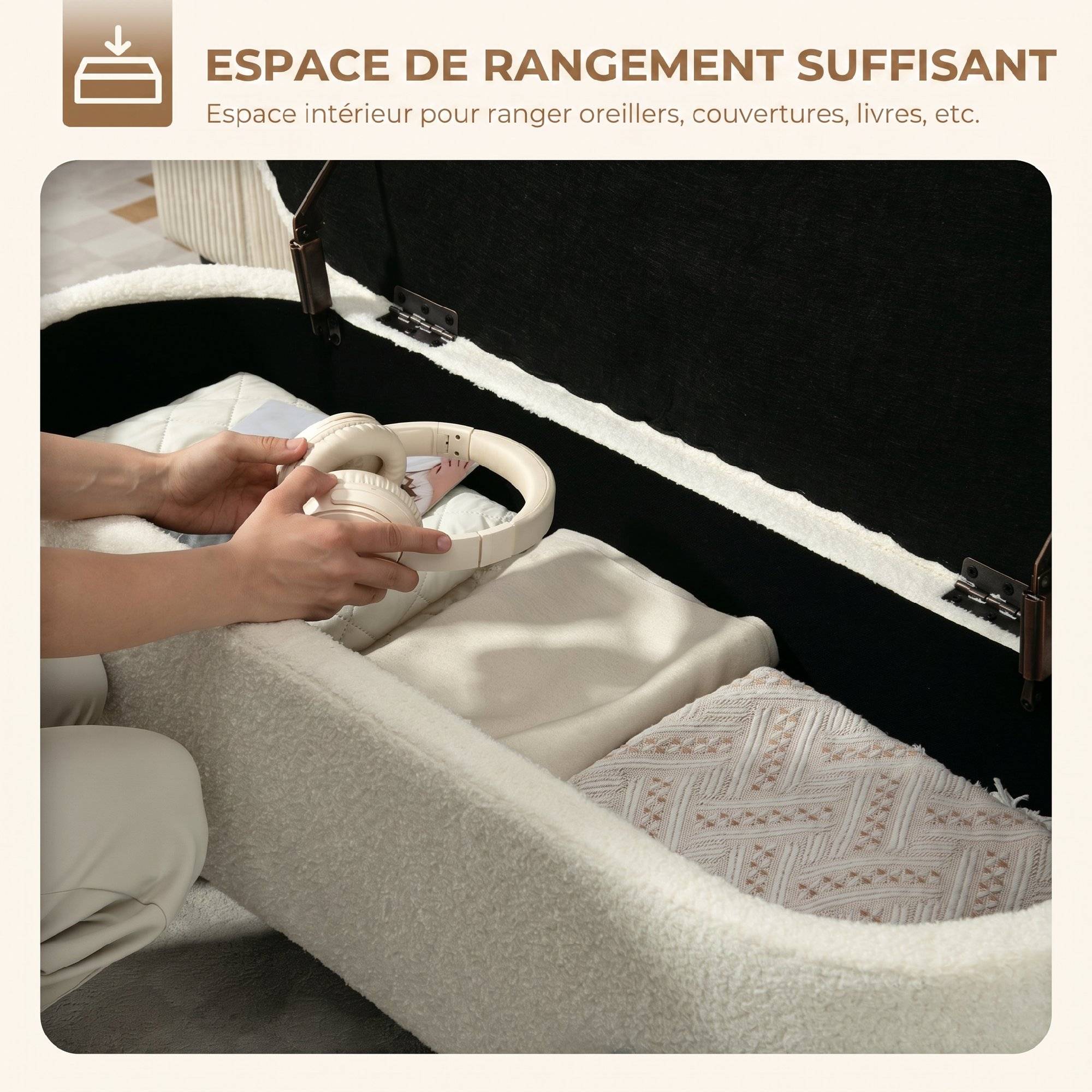 Banc de rangement, banc coffre de rangement en tissu bouclette avec couvercle relevable et pieds en acier, crème - Image 6