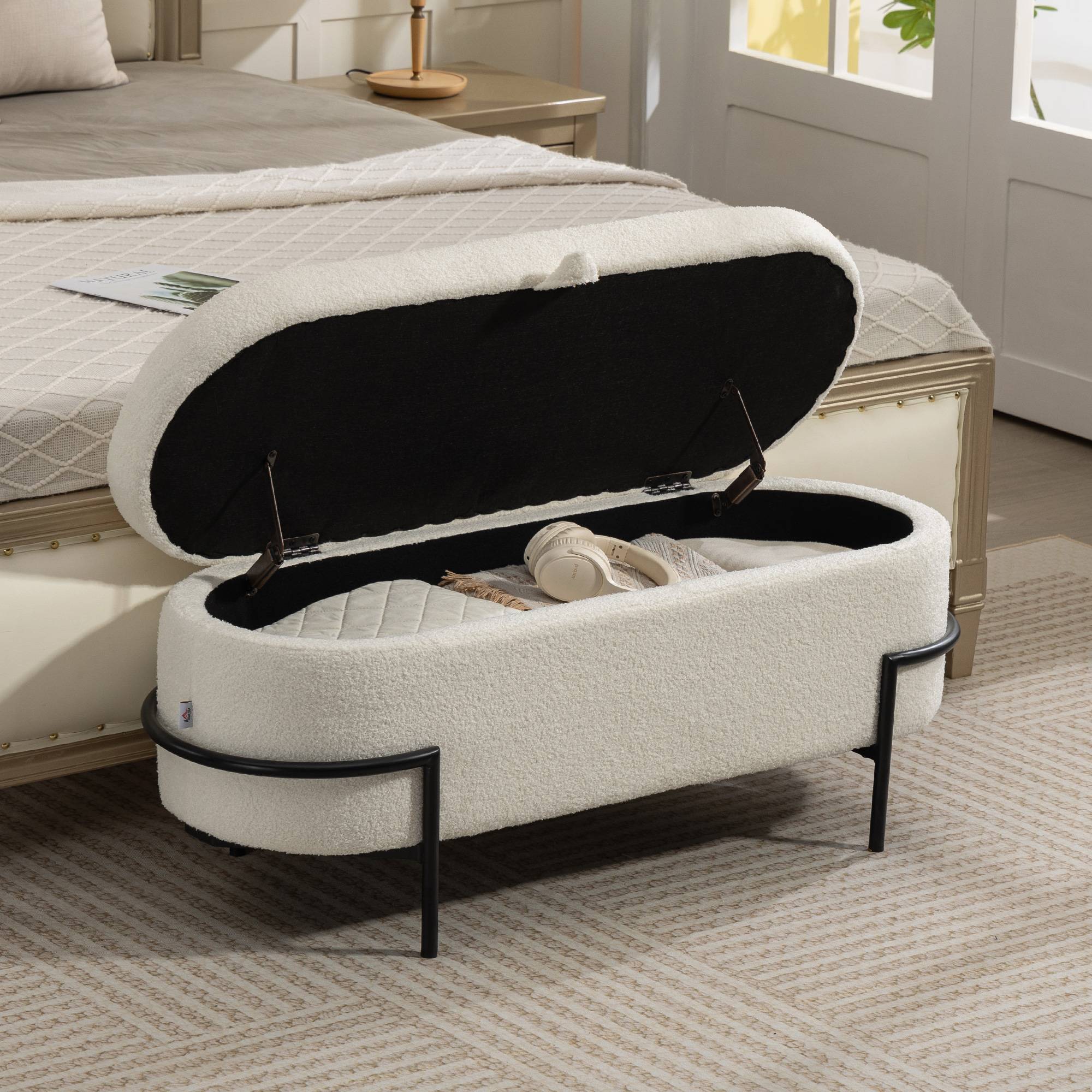 Banc de rangement, banc coffre de rangement en tissu bouclette avec couvercle relevable et pieds en acier, crème - Image 3