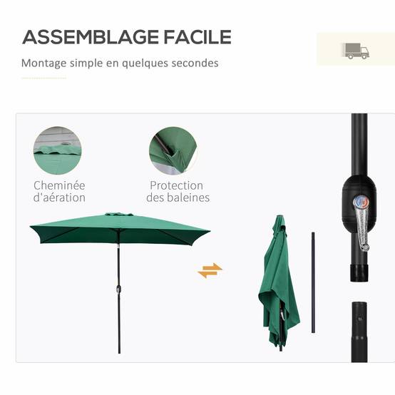 Parasol inclinable aluminium balcon terrasse protection solaire manivelle 294x198cm vert - ComfortXL Outdoor Living - Image 8
