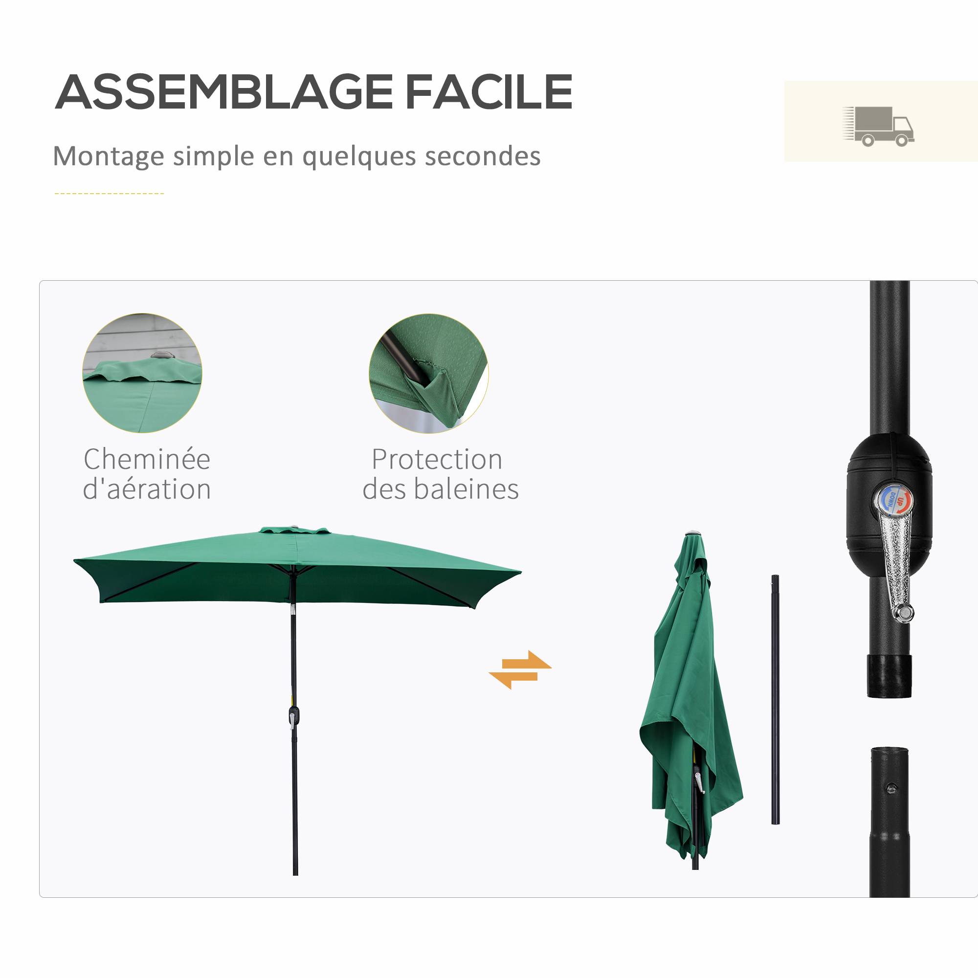 Parasol inclinable aluminium balcon terrasse protection solaire manivelle 294x198cm vert - ComfortXL Outdoor Living - Image 8