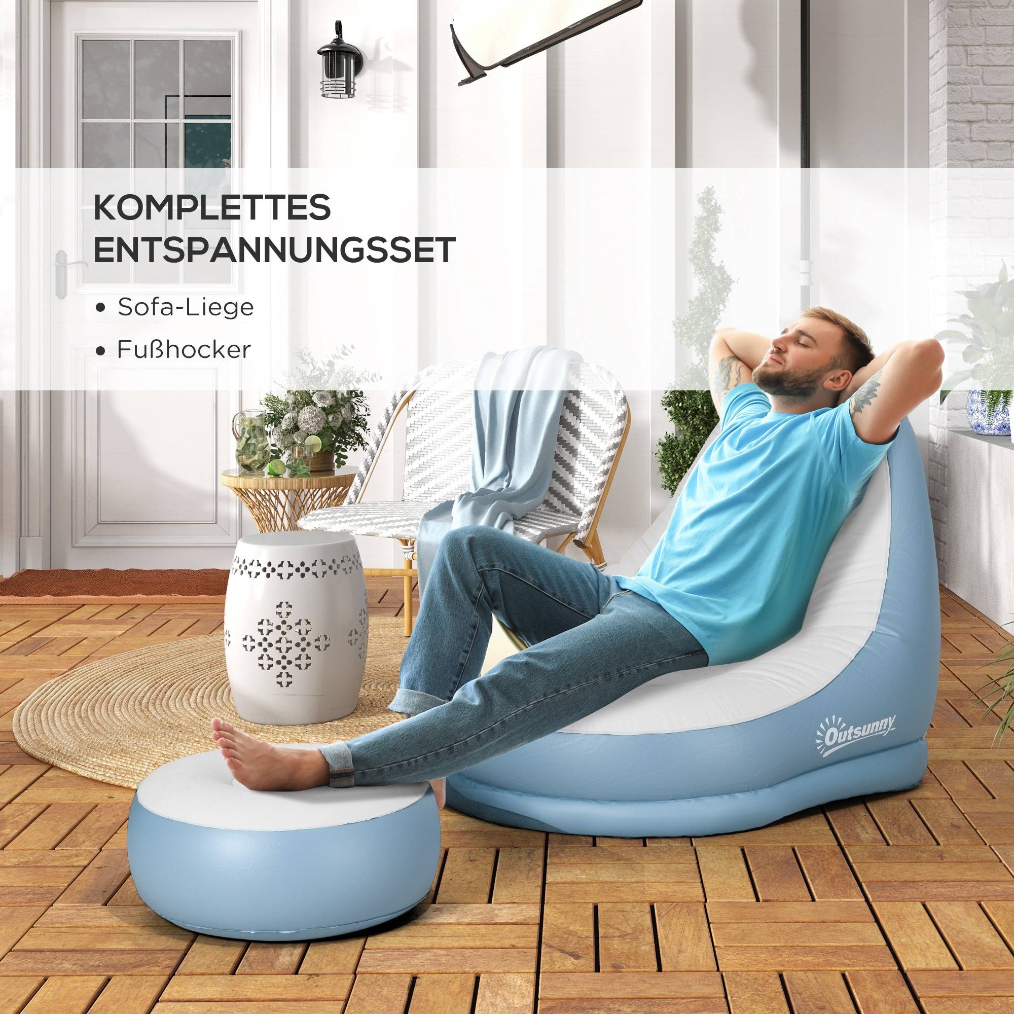 Fauteuil gonflable en plastique pour camping avec repose-pieds 125x100cm Blanc/Bleu - ComfortXL Outdoor Living - Image 6