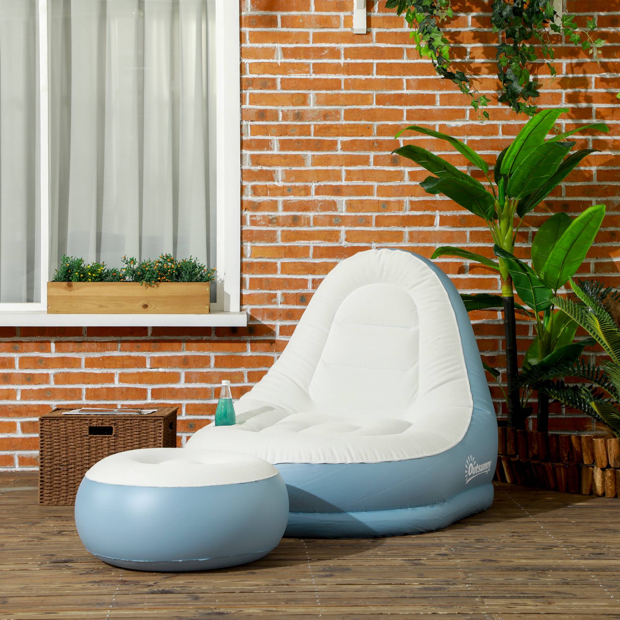 Fauteuil gonflable en plastique pour camping avec repose-pieds 125x100cm Blanc/Bleu - ComfortXL Outdoor Living - Image 3