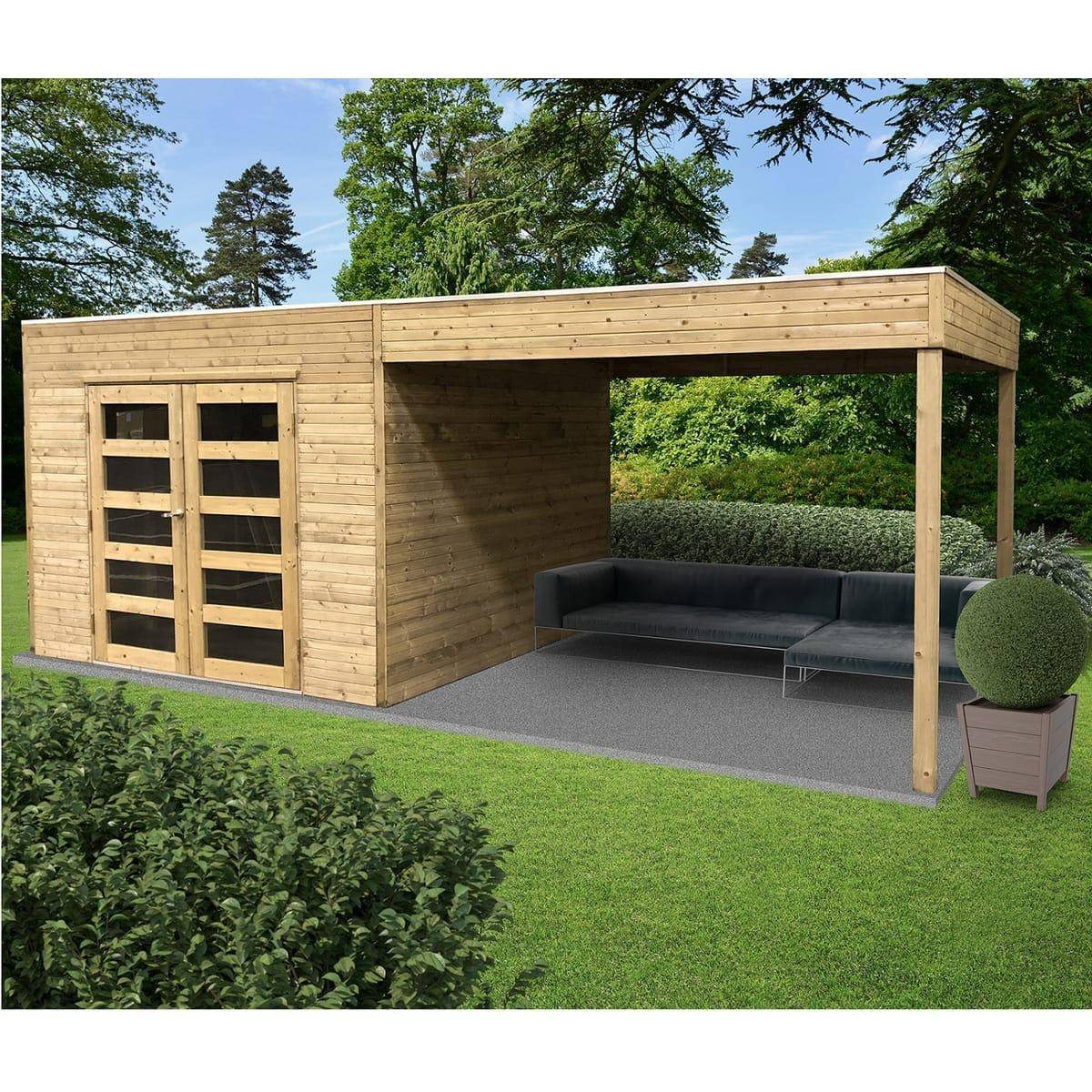 Abri de Jardin en Bois Traité Tarento avec Auvent - Surface de 8 m²