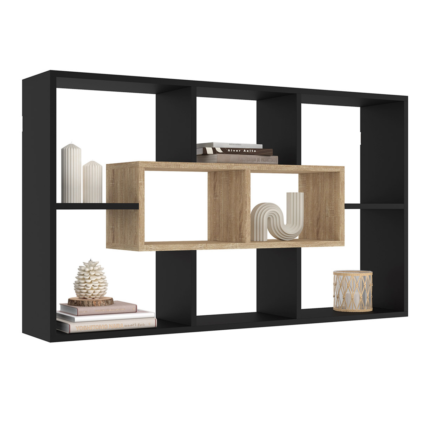 Etagère murale COLETTE avec 8 compartiments noir et effet bois - Image 2