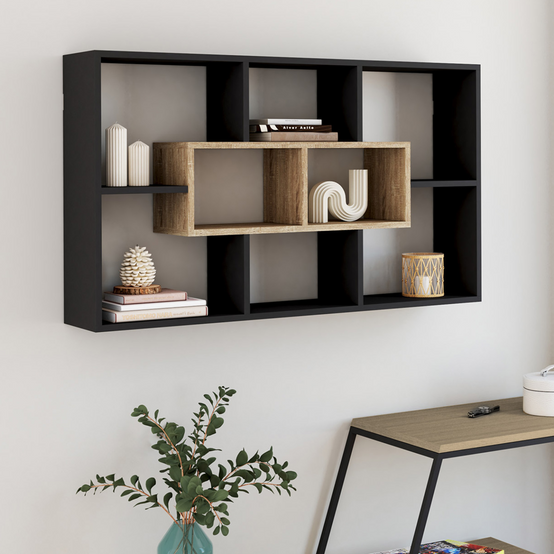 Etagère murale COLETTE avec 8 compartiments noir et effet bois - Image 1