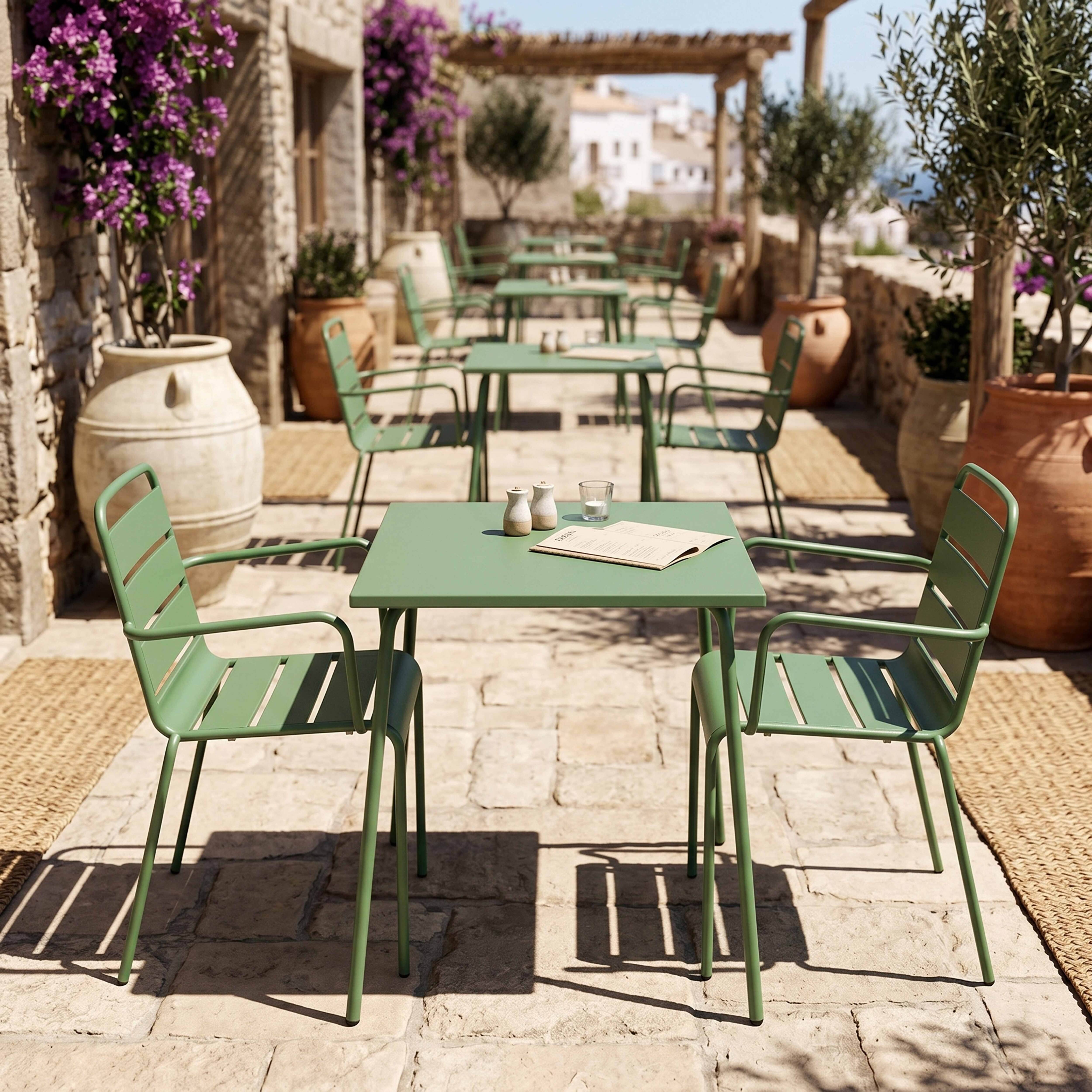 Oviala - Ensemble table de jardin carrée et 2 fauteuils acier vert cactus Palavas - Oviala - Image 4