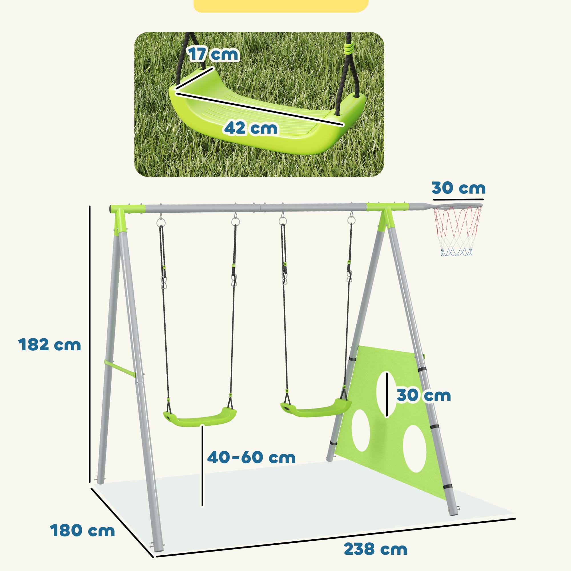 Ensemble de jeux 3 en 1 pour enfants avec balançoire de jardin, panier de basket et but de football, 238 x 180 x 182 cm, vert et gris - Image 5