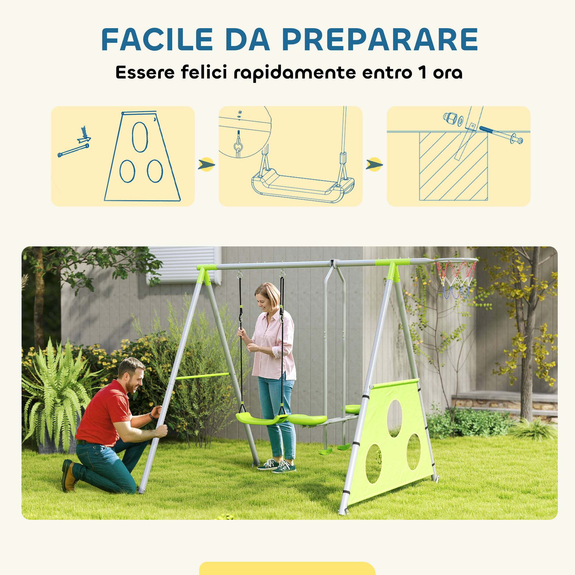 Ensemble de jeux 3 en 1 pour enfants avec balançoire de jardin, panier de basket et but de football, 238 x 180 x 182 cm, vert et gris - Image 7