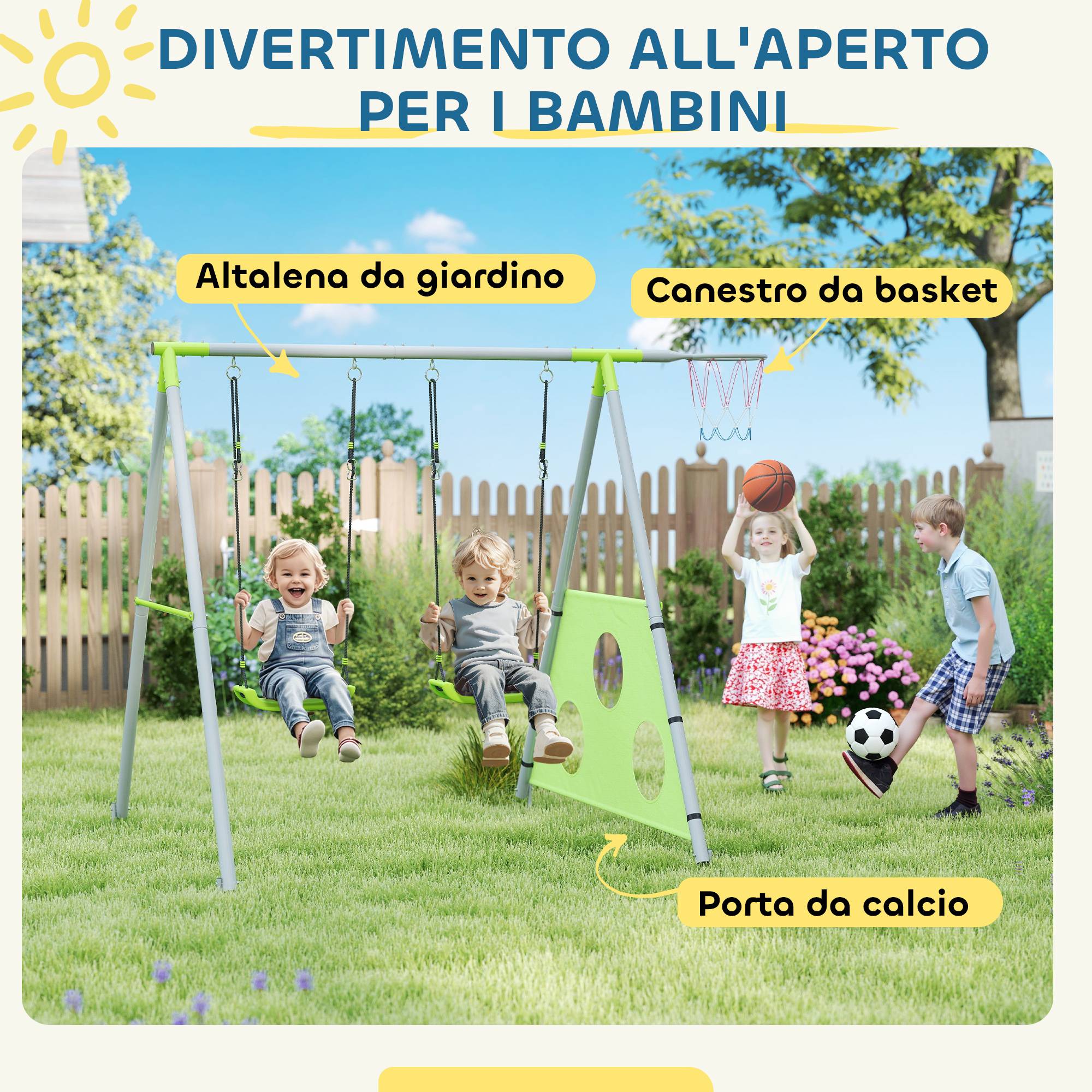 Ensemble de jeux 3 en 1 pour enfants avec balançoire de jardin, panier de basket et but de football, 238 x 180 x 182 cm, vert et gris - Image 6