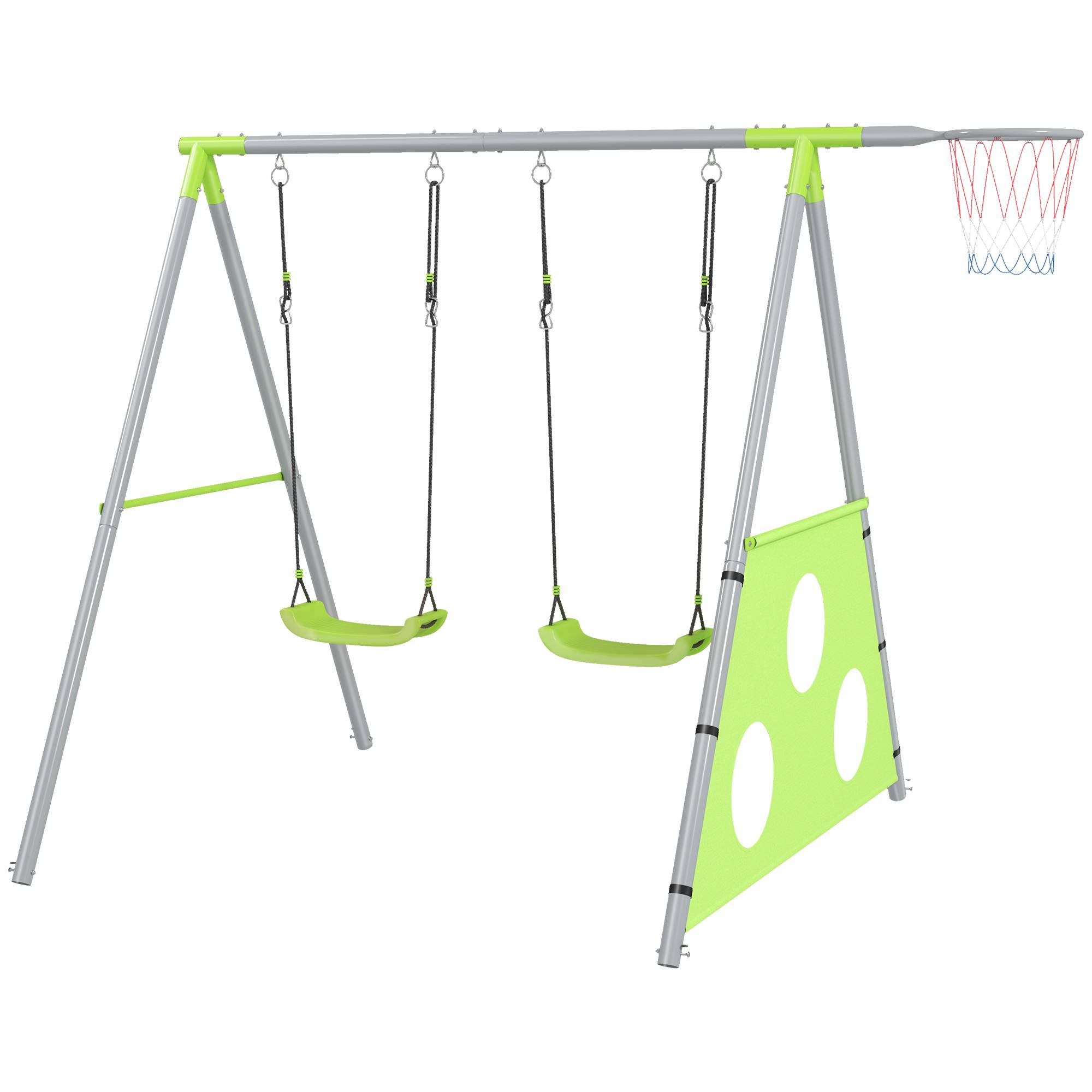 Ensemble de jeux 3 en 1 pour enfants avec balançoire de jardin, panier de basket et but de football, 238 x 180 x 182 cm, vert et gris - Image 2