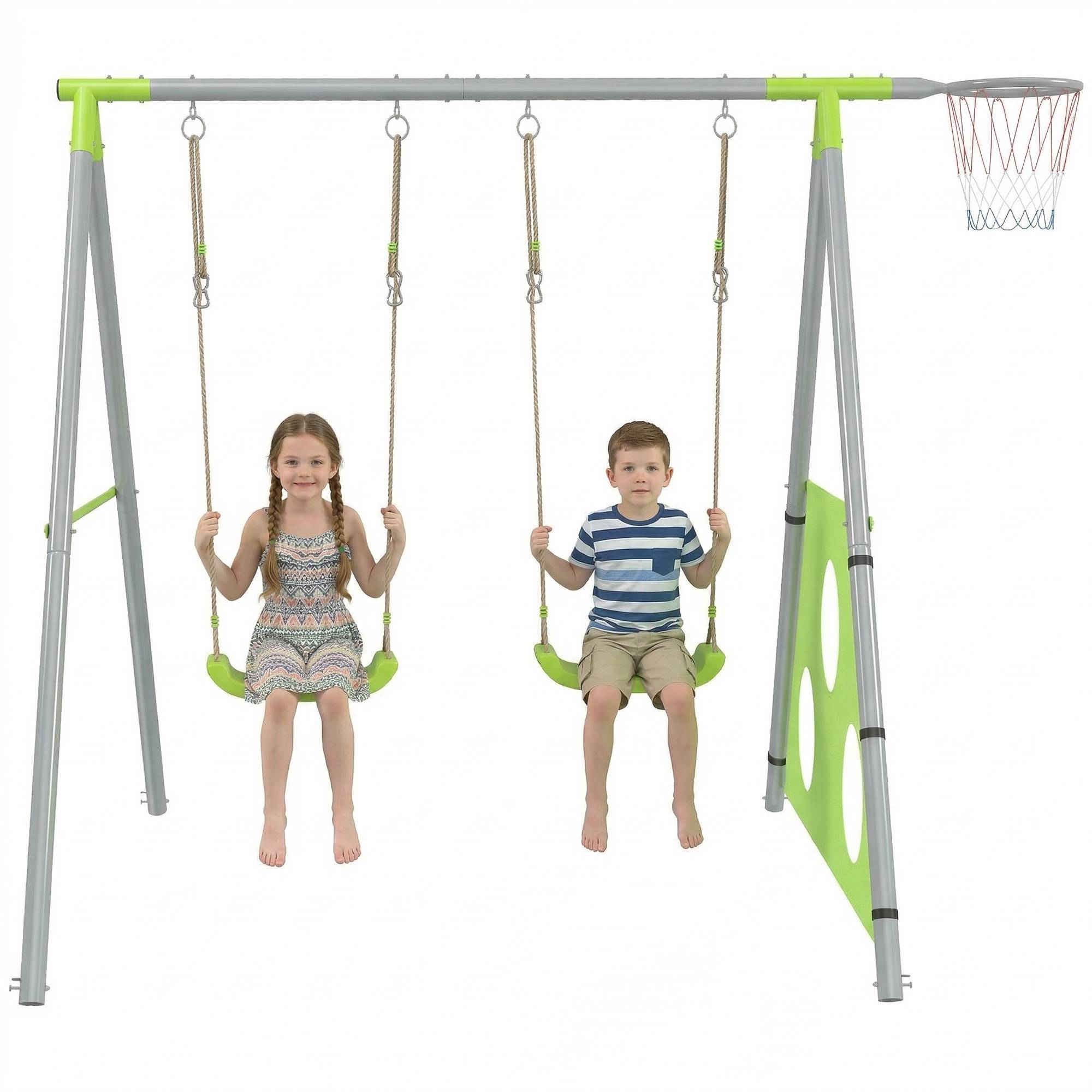 Ensemble de jeux 3 en 1 pour enfants avec balançoire de jardin, panier de basket et but de football, 238 x 180 x 182 cm, vert et gris - Image 1