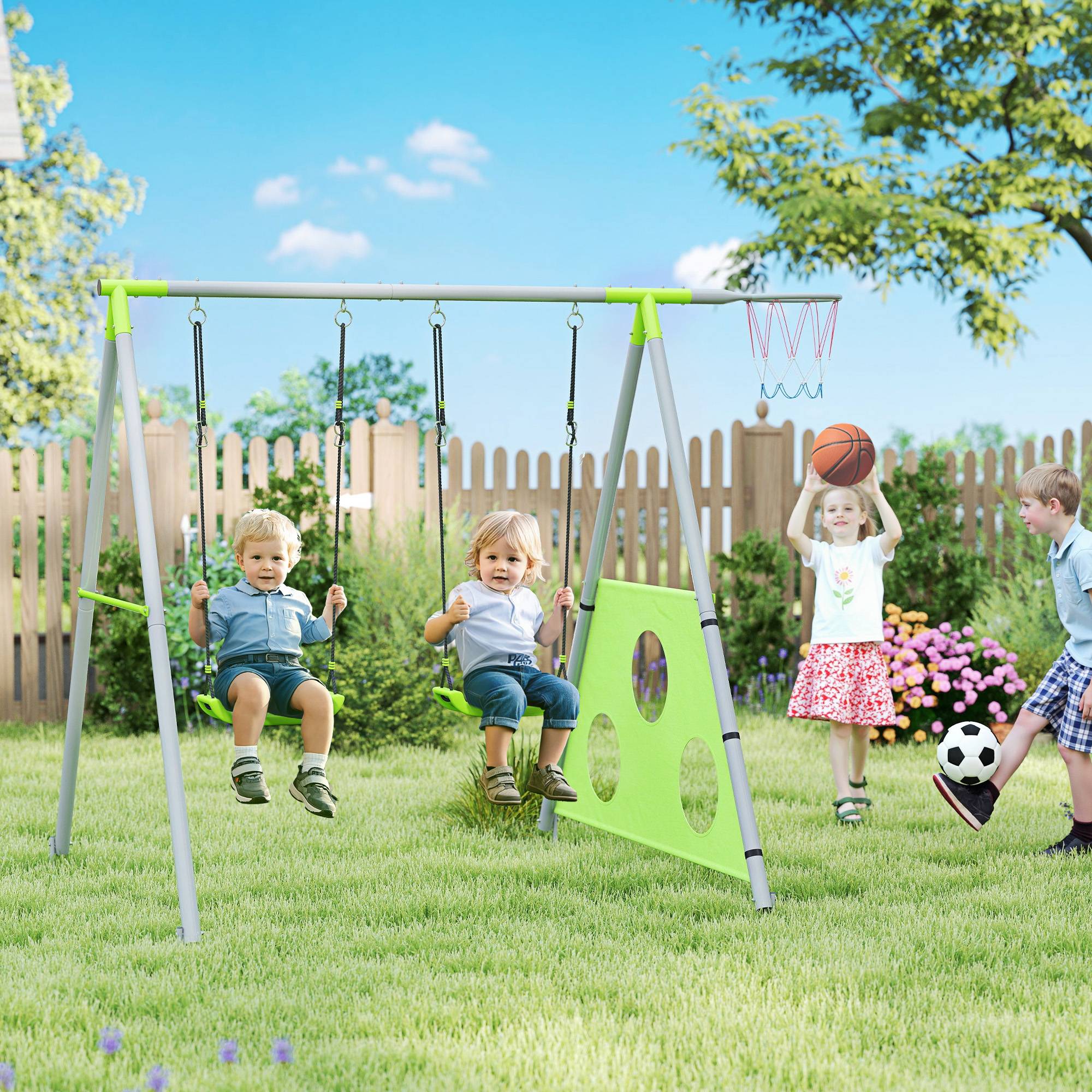 Ensemble de jeux 3 en 1 pour enfants avec balançoire de jardin, panier de basket et but de football, 238 x 180 x 182 cm, vert et gris - Image 3