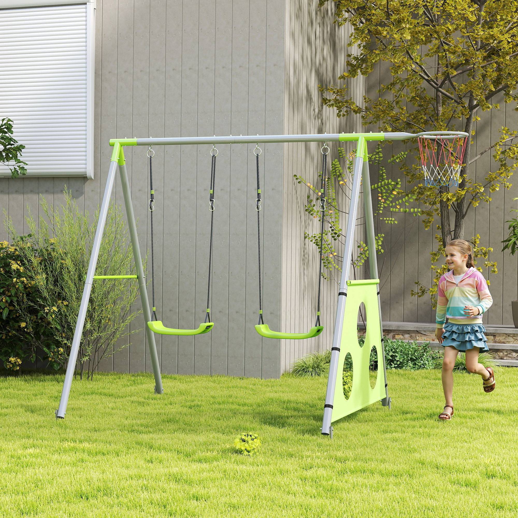 Ensemble de jeux 3 en 1 pour enfants avec balançoire de jardin, panier de basket et but de football, 238 x 180 x 182 cm, vert et gris - Image 4