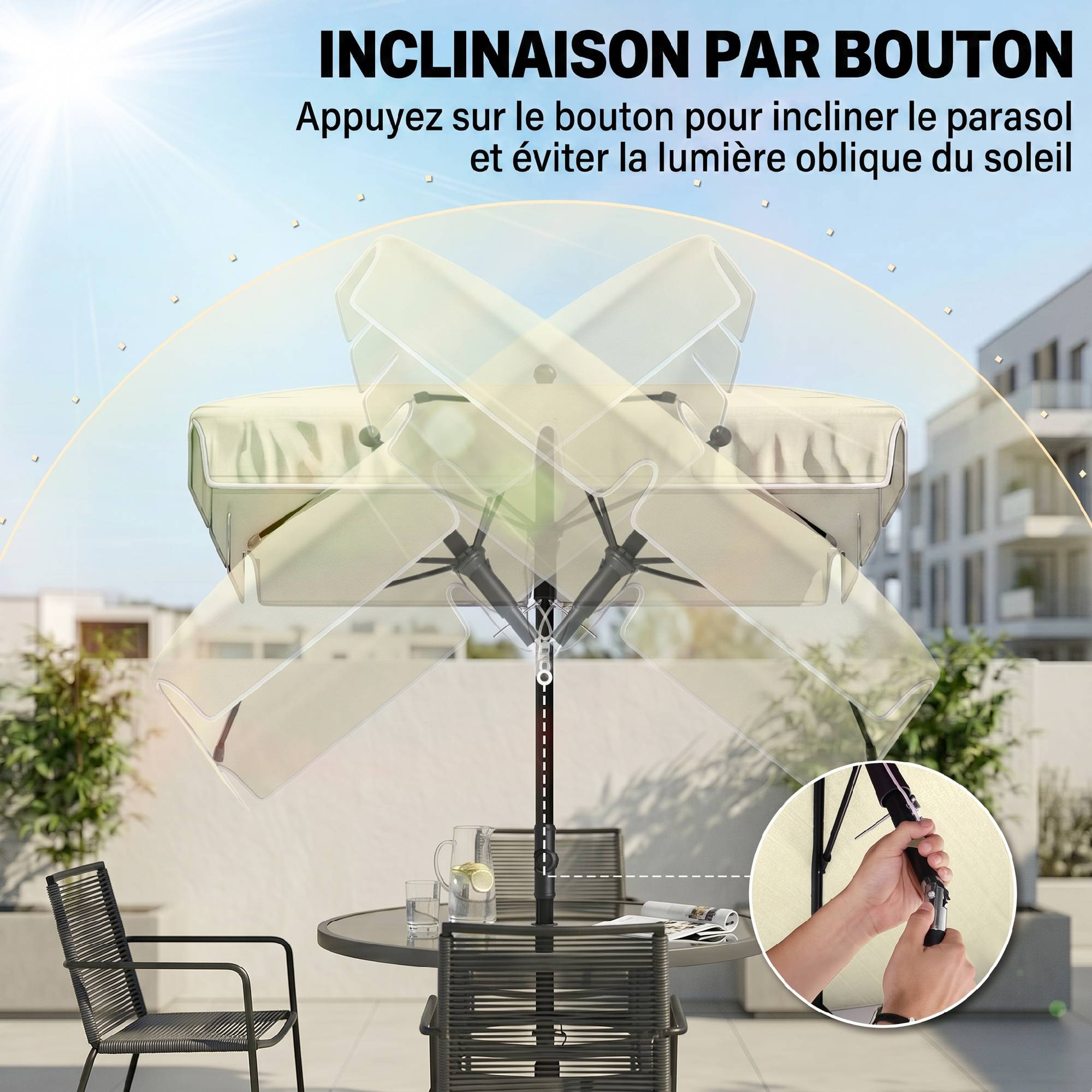 Parasol de jardin Parasol droit rectangulaire inclinable alu métal polyester haute densité 2 x 1,3 m beige clair - Image 8