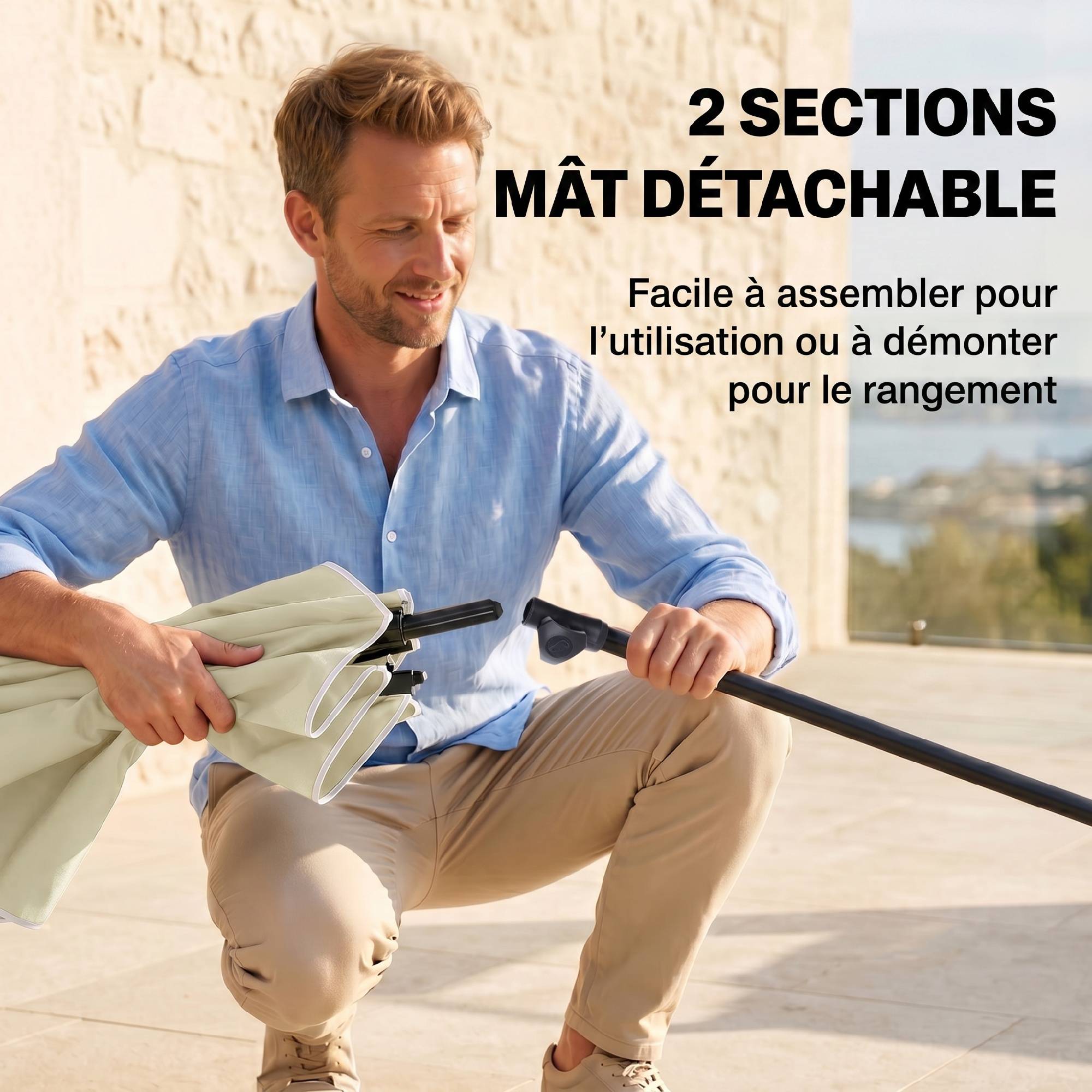 Parasol de jardin Parasol droit rectangulaire inclinable alu métal polyester haute densité 2 x 1,3 m beige clair - Image 9