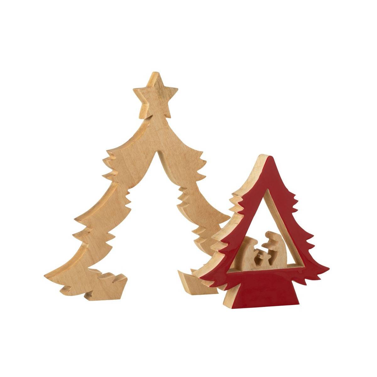 J-Line - Crèche Sapin en Bois "Étoile" 41cm Rouge & Naturel - Image 2