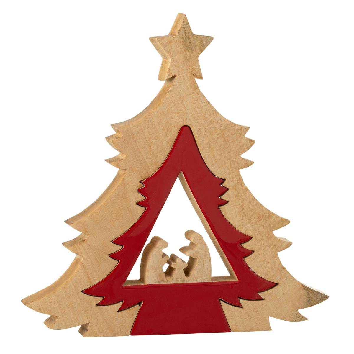 J-Line - Crèche Sapin en Bois "Étoile" 41cm Rouge & Naturel - Image 1