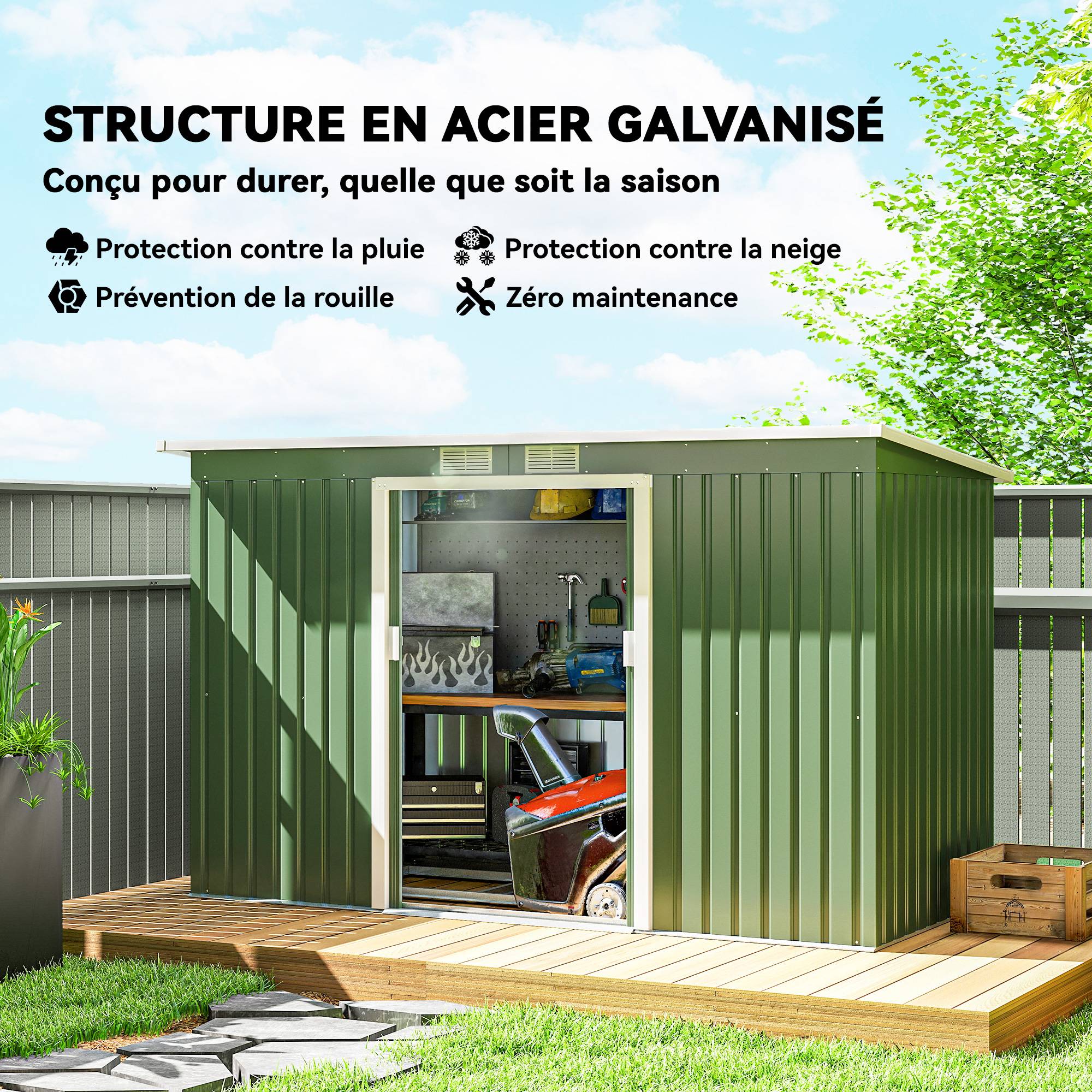 Abri de Jardin 3,6 m² Remise à Outils avec kit de fondation en Acier galvanisé avec Portes coulissantes Vert clair - Image 6