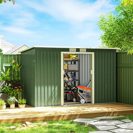 Abri de Jardin 3,6 m² Remise à Outils avec kit de fondation en Acier galvanisé avec Portes coulissantes Vert clair - Image 4