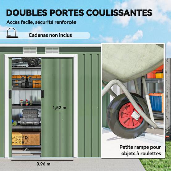 Abri de Jardin 3,6 m² Remise à Outils avec kit de fondation en Acier galvanisé avec Portes coulissantes Vert clair - Image 7