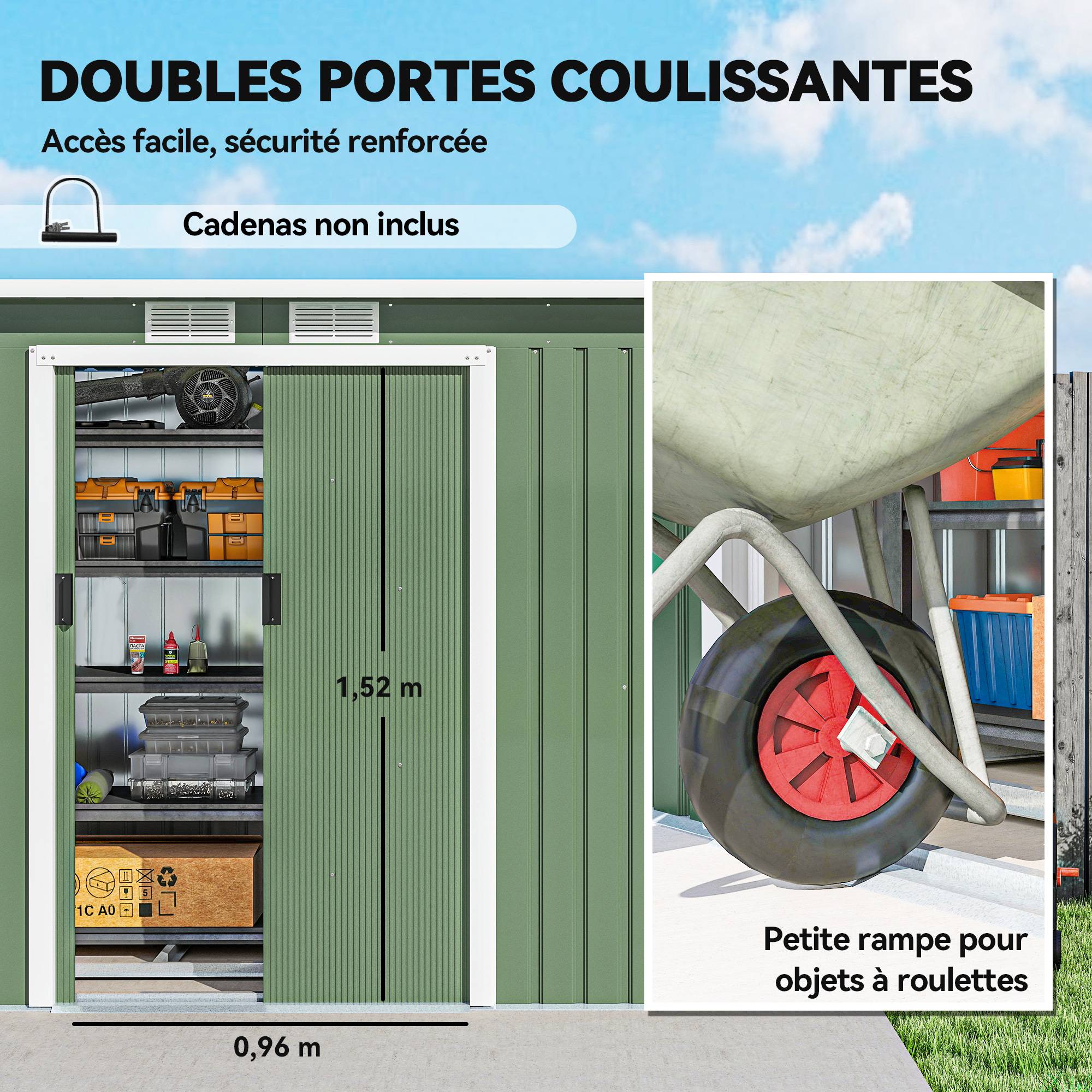 Abri de Jardin 3,6 m² Remise à Outils avec kit de fondation en Acier galvanisé avec Portes coulissantes Vert clair - Image 7