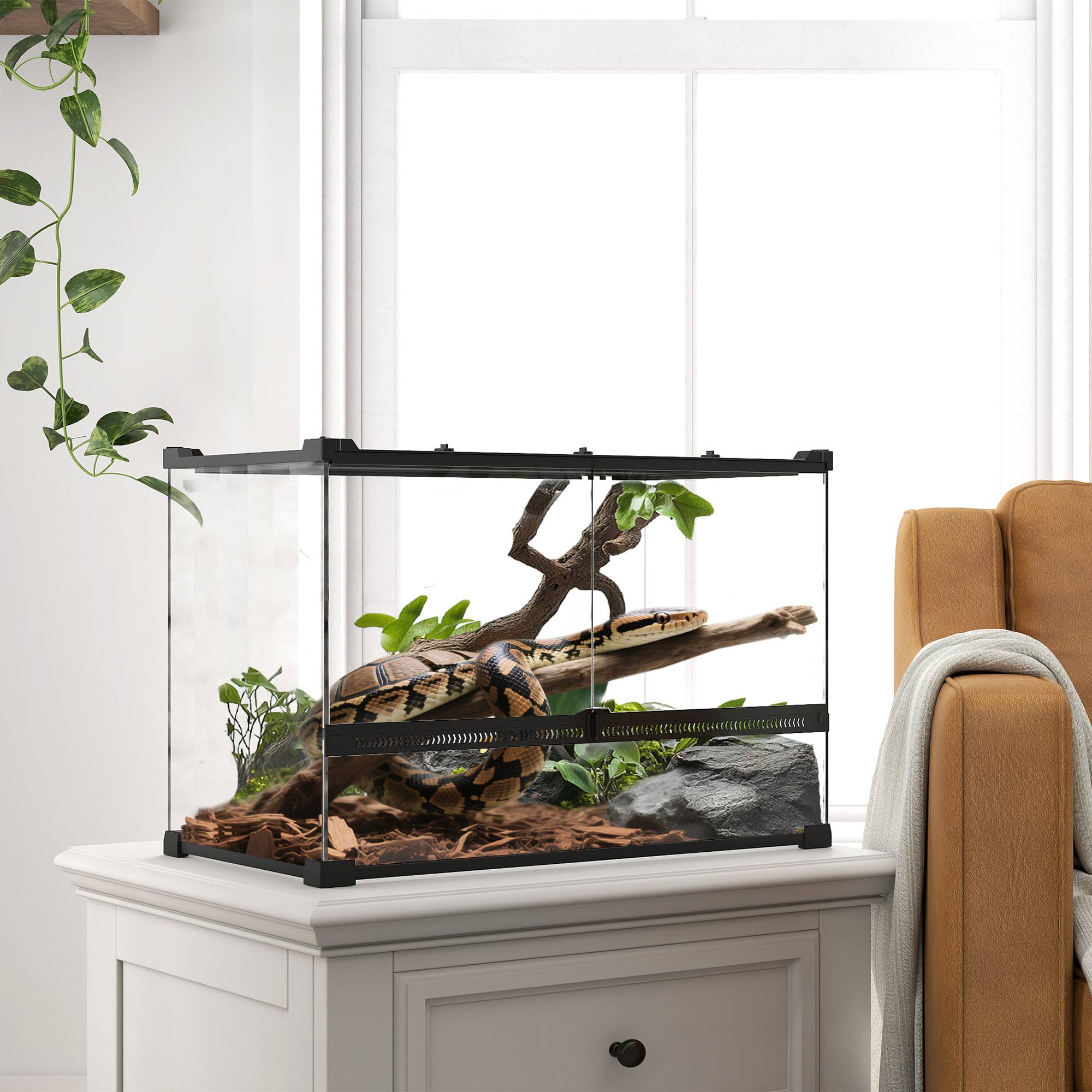 Boîte à reptiles, boîte d'élevage de reptiles, fermeture sécurisée par rotation, ventilation frontale, 50x30x35cm, noir - Image 4