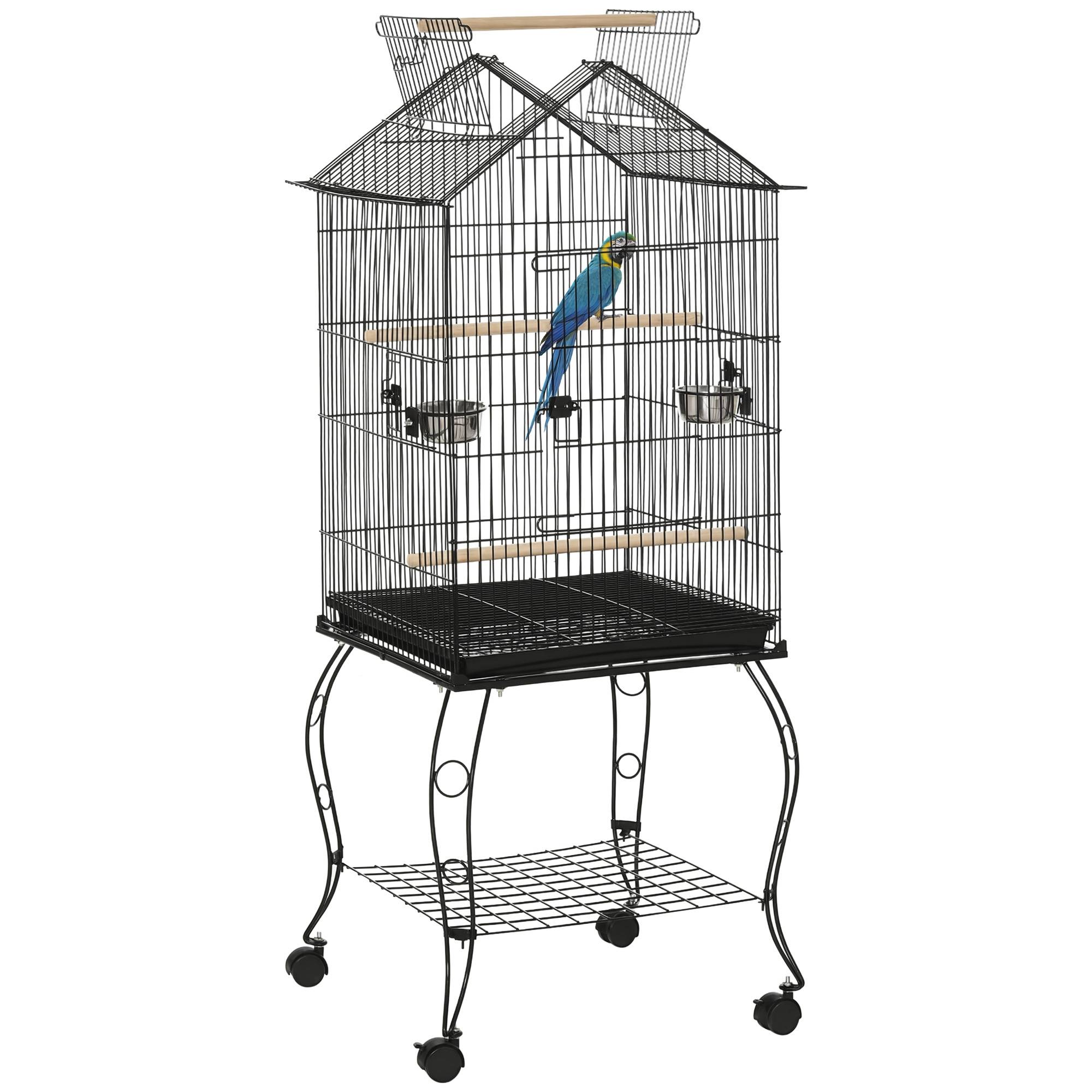 Cage pour oiseaux avec support, roues, plateau amovible et mangeoires pour canaris, perruches, 50x58x137-145 cm, noir - Image 1