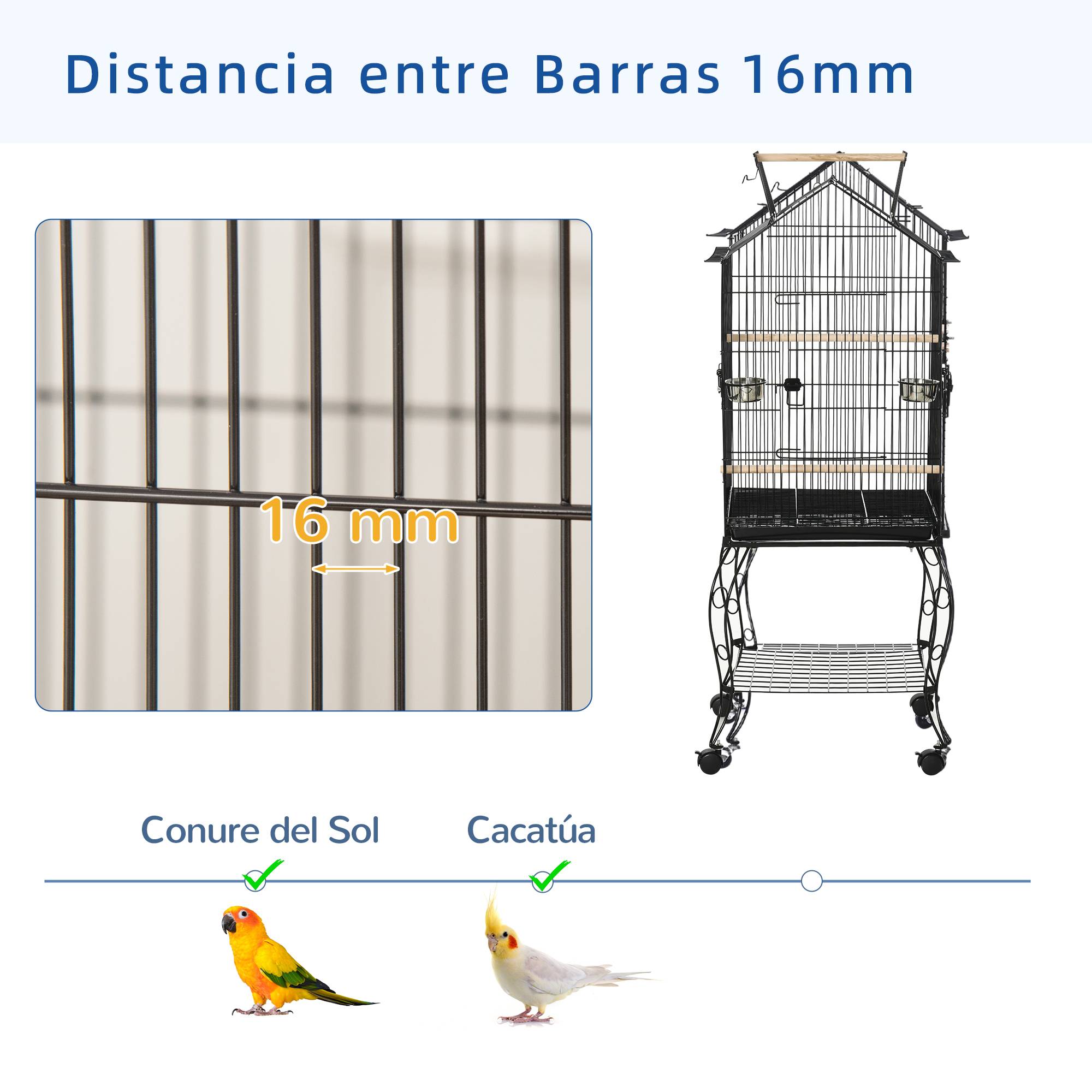 Cage pour oiseaux avec support, roues, plateau amovible et mangeoires pour canaris, perruches, 50x58x137-145 cm, noir - Image 8