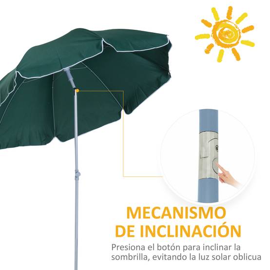 Parasol de plage de 202 cm de diamètre avec toit inclinable, mât détachable et piquet de fond pour jardin. - Image 6