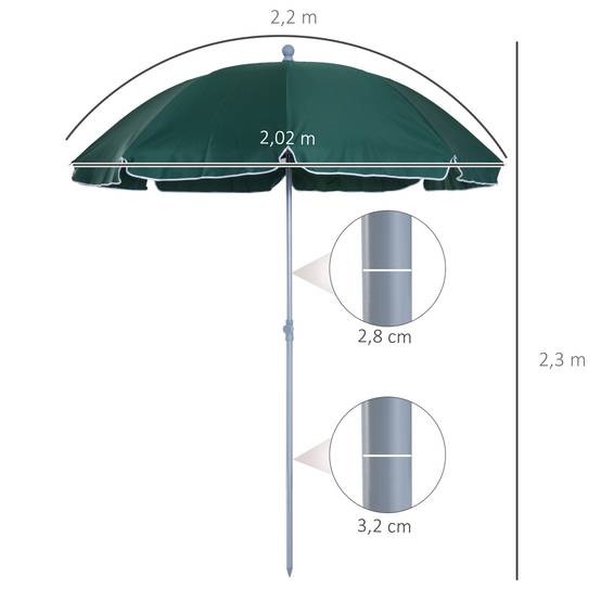 Parasol de plage de 202 cm de diamètre avec toit inclinable, mât détachable et piquet de fond pour jardin. - Image 5