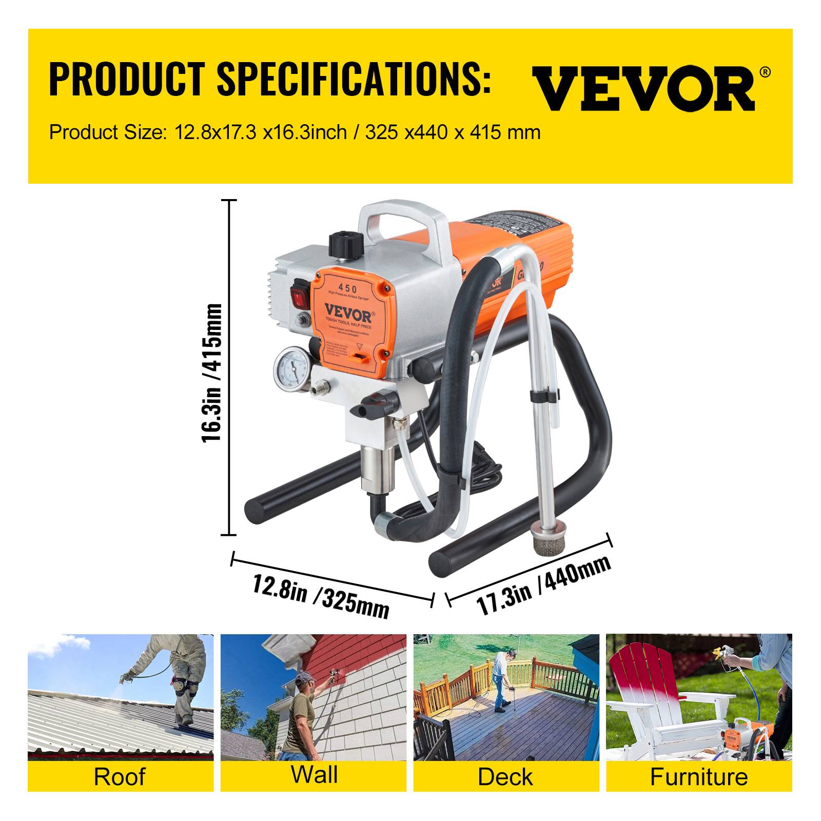 VEVOR Pulvérisateur sans air 1800W, 3000 PSI, 1.8 L/min, pression réglable, pour peinture intérieure/extérieure. - Image 7