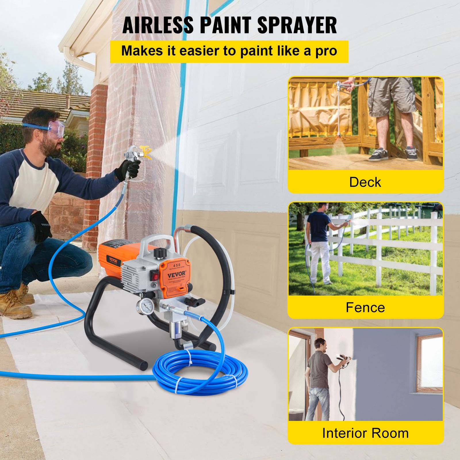 VEVOR Pulvérisateur sans air 1800W, 3000 PSI, 1.8 L/min, pression réglable, pour peinture intérieure/extérieure. - Image 2