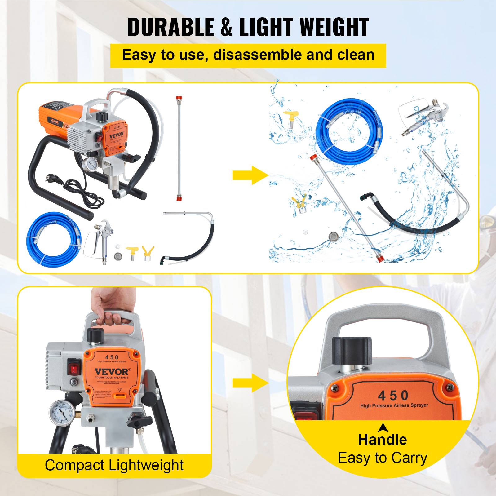 VEVOR Pulvérisateur sans air 1800W, 3000 PSI, 1.8 L/min, pression réglable, pour peinture intérieure/extérieure. - Image 5