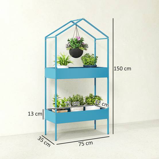 Étagère Plantes Maison Métal Balcon 2 Niveaux Crochet 75x35x150cm Bleu ...