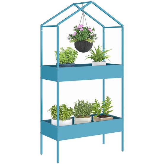 Étagère Plantes Maison Métal Balcon 2 Niveaux Crochet 75x35x150cm Bleu ...