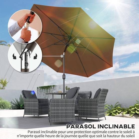 Parasol de jardin extérieur Parasol droit inclinable Ø 3 m - Polyester 180g/m² Métal Marron fr150 - Image 6
