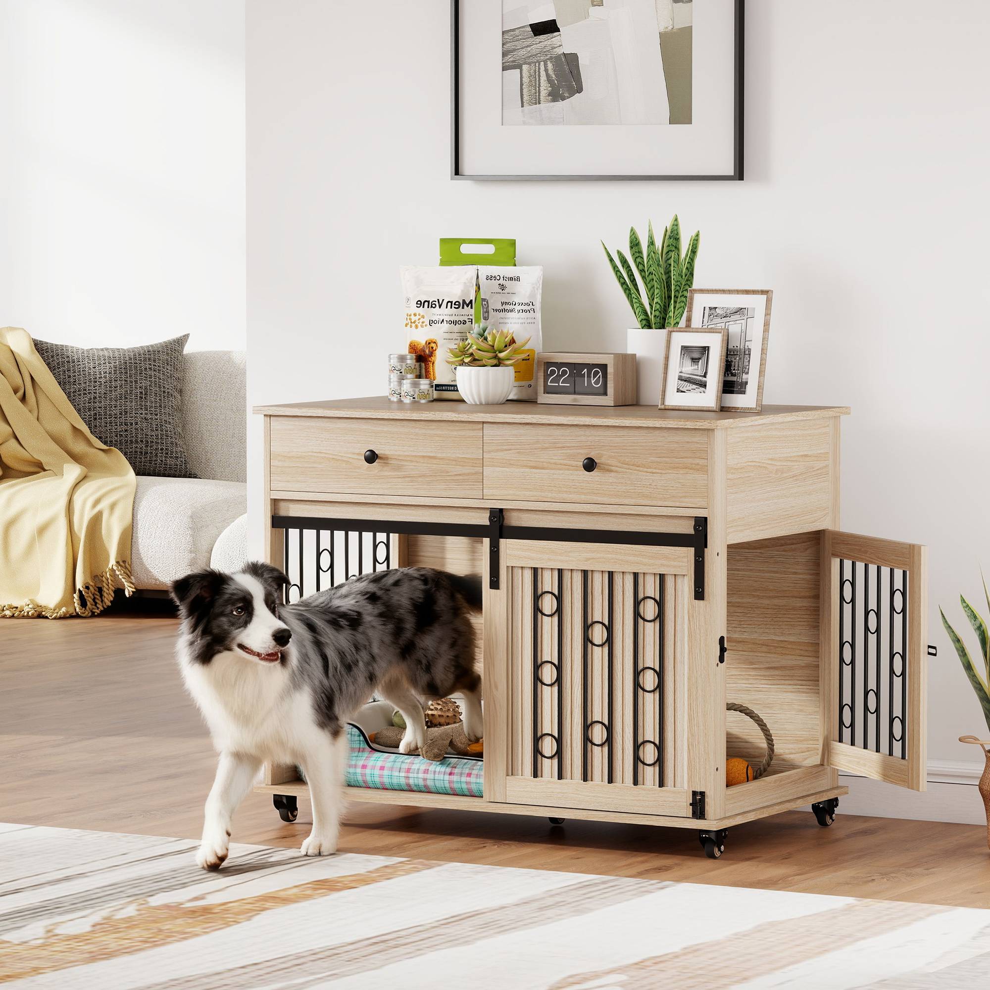 Caisse pour chien sur roues,2 portes,2 tiroirs,chiens moyens/grands,bois acier - Image 4