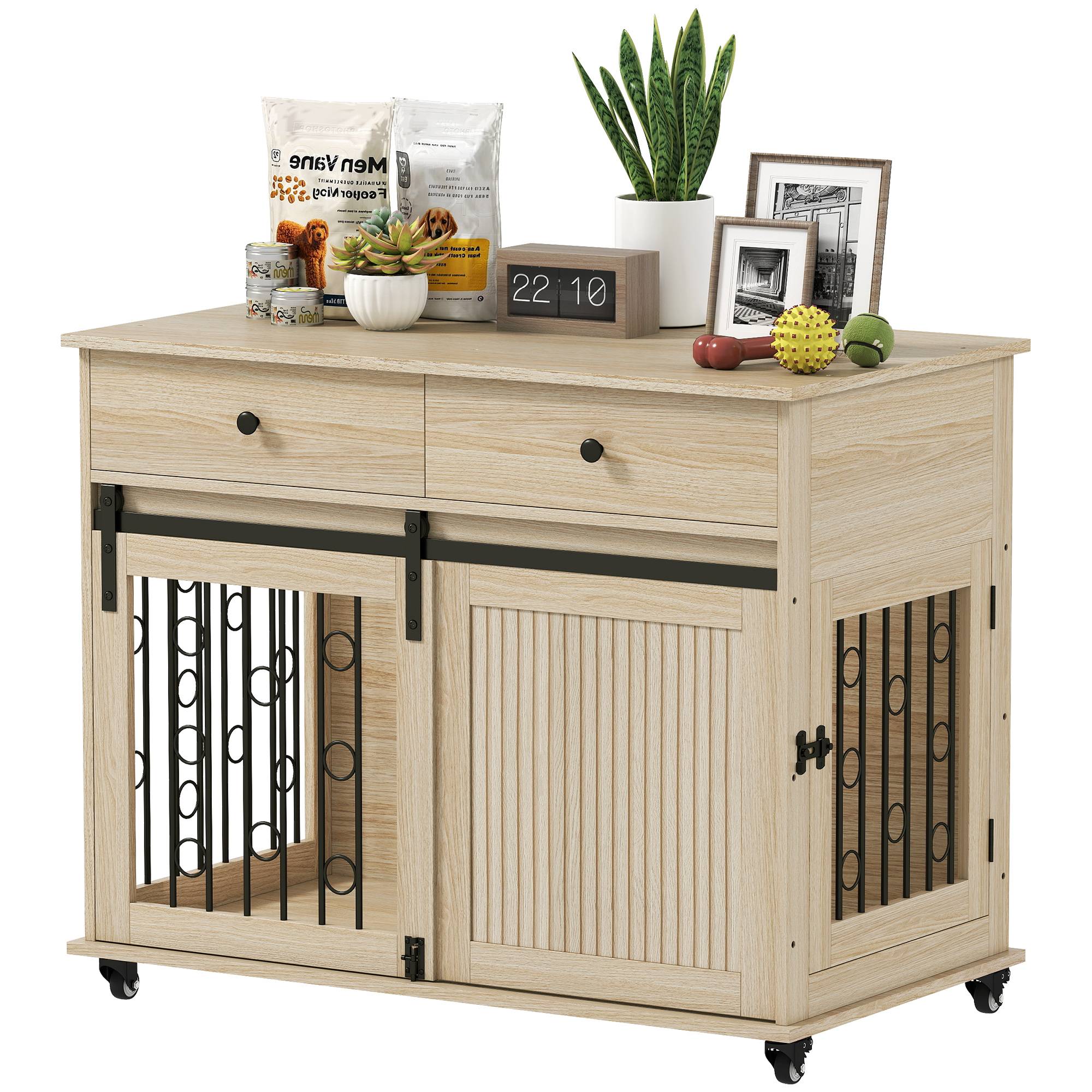 Caisse pour chien sur roues,2 portes,2 tiroirs,chiens moyens/grands,bois acier - Image 1