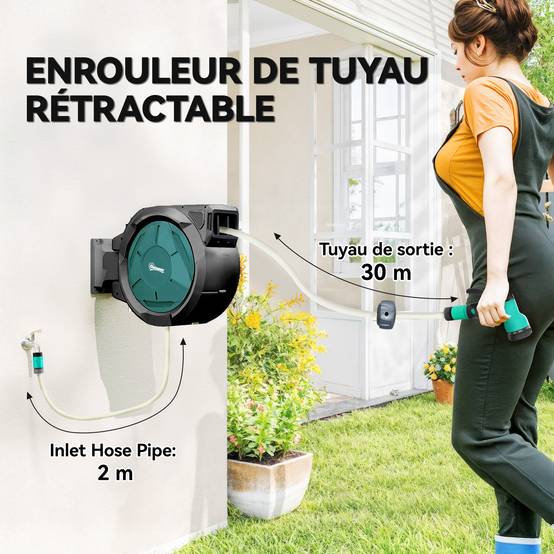 Outsunny - Enrouleur Tuyau Arrosage Mural 25 m x Ø 15 mm - Rétractable Automatique Pivotant à 180° - Buse à 7 Modes - vert - Outsunny - Image 5