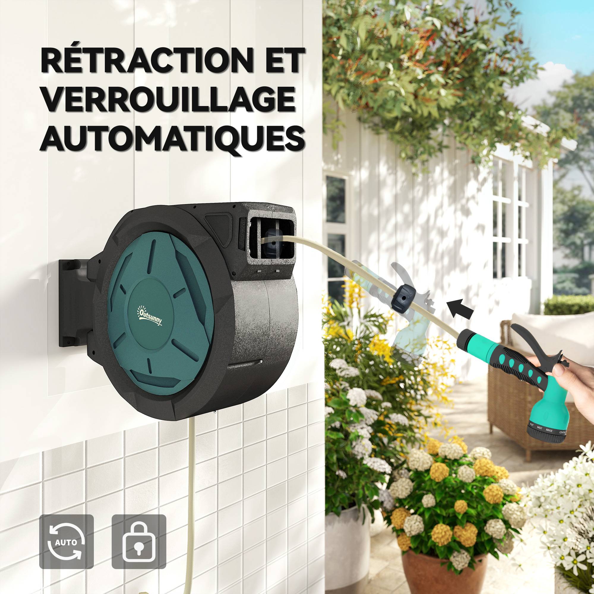 Outsunny - Enrouleur Tuyau Arrosage Mural 25 m x Ø 15 mm - Rétractable Automatique Pivotant à 180° - Buse à 7 Modes - vert - Outsunny - Image 7