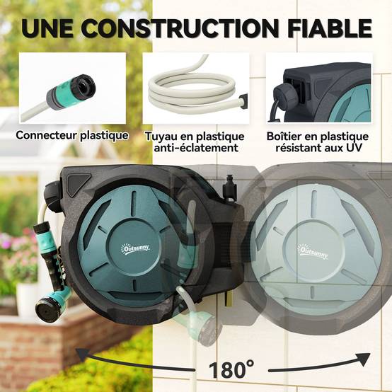 Outsunny - Enrouleur Tuyau Arrosage Mural 25 m x Ø 15 mm - Rétractable Automatique Pivotant à 180° - Buse à 7 Modes - vert - Outsunny - Image 6