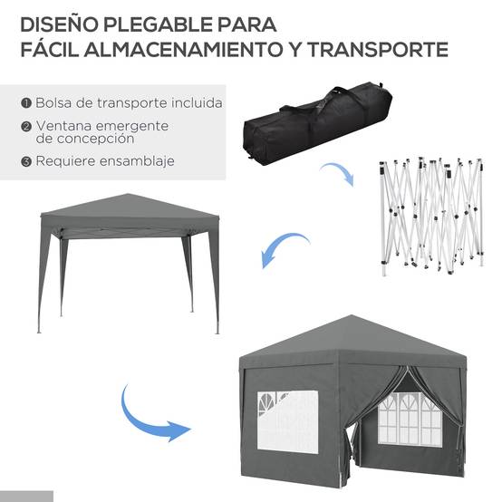 Tente pliante pop-up 3x3m avec 4 parois latérales anti-UV et sac de transport (Gris) - Image 7