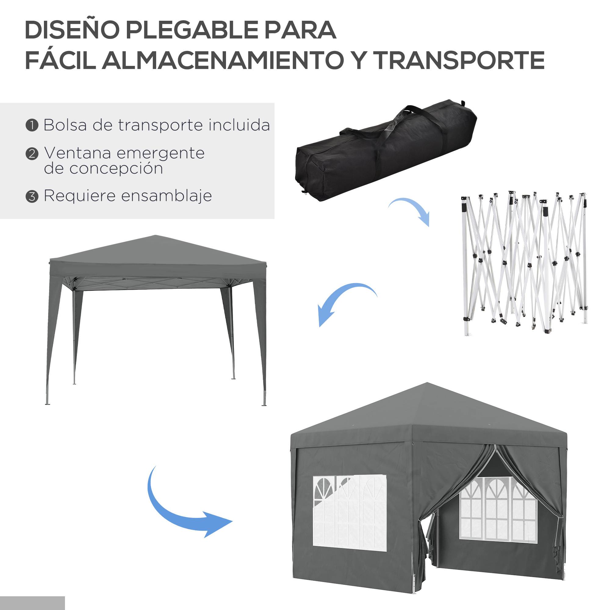 Tente pliante pop-up 3x3m avec 4 parois latérales anti-UV et sac de transport (Gris) - Image 7