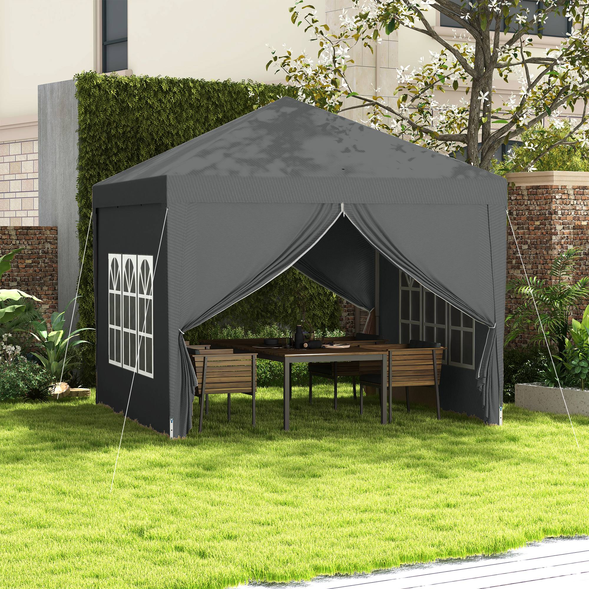 Tente pliante pop-up 3x3m avec 4 parois latérales anti-UV et sac de transport (Gris) - Image 4