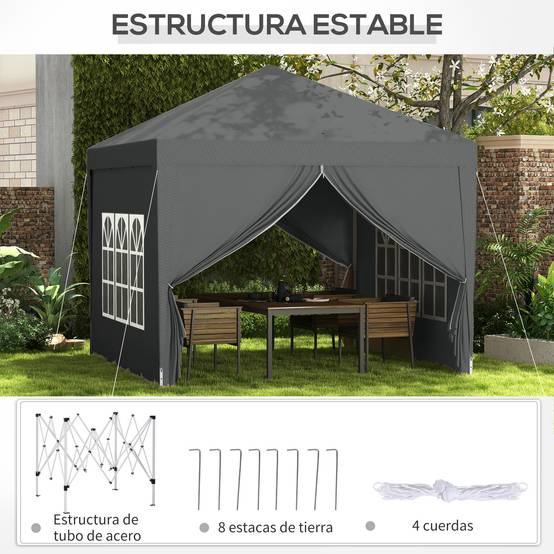 Tente pliante pop-up 3x3m avec 4 parois latérales anti-UV et sac de transport (Gris) - Image 9