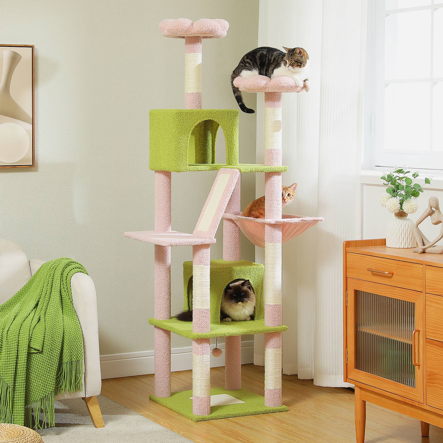 Grand Arbre à Chat Multi-Niveaux 180 cm Fleur Rose PAWZ Road - Image 5