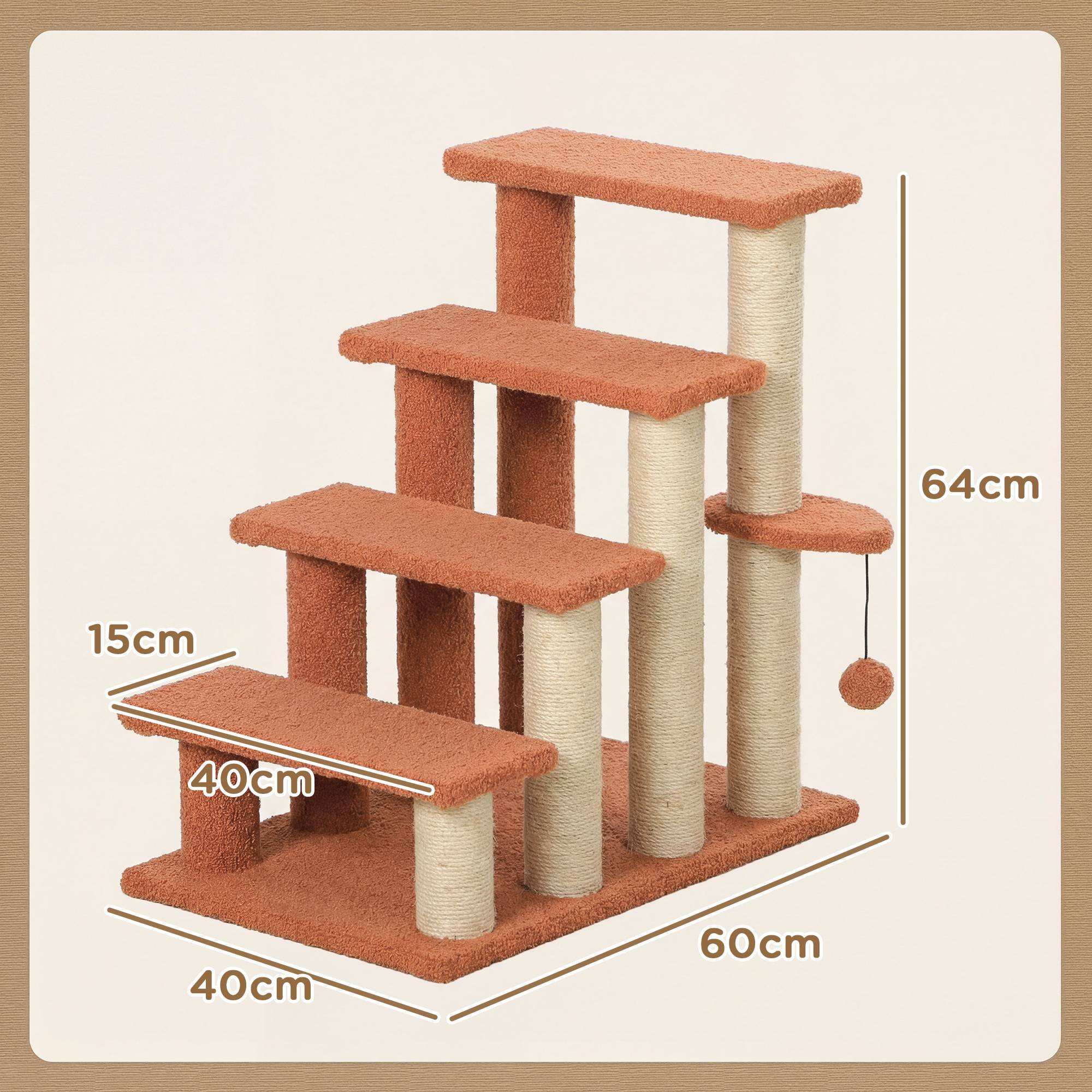 Sans Marque - Escalier 4 marches, griffoir, jusqu'à 5kg, 60x40x64cm, marron - Image 5
