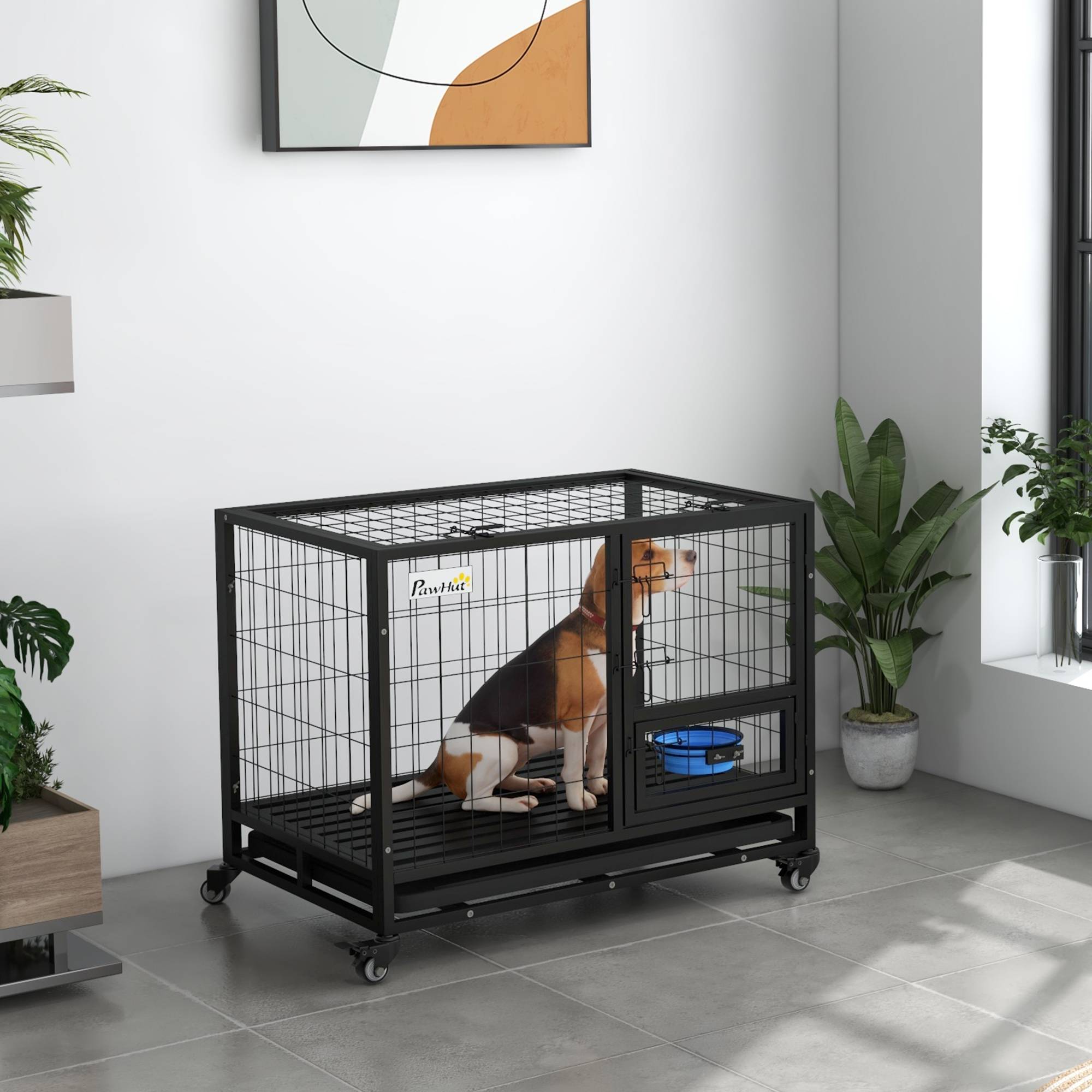 Sans Marque - Cage pour chien cage de transport sur roulettes avec support de gamelle plateau amovible 2 portes verrouillables - Image 4