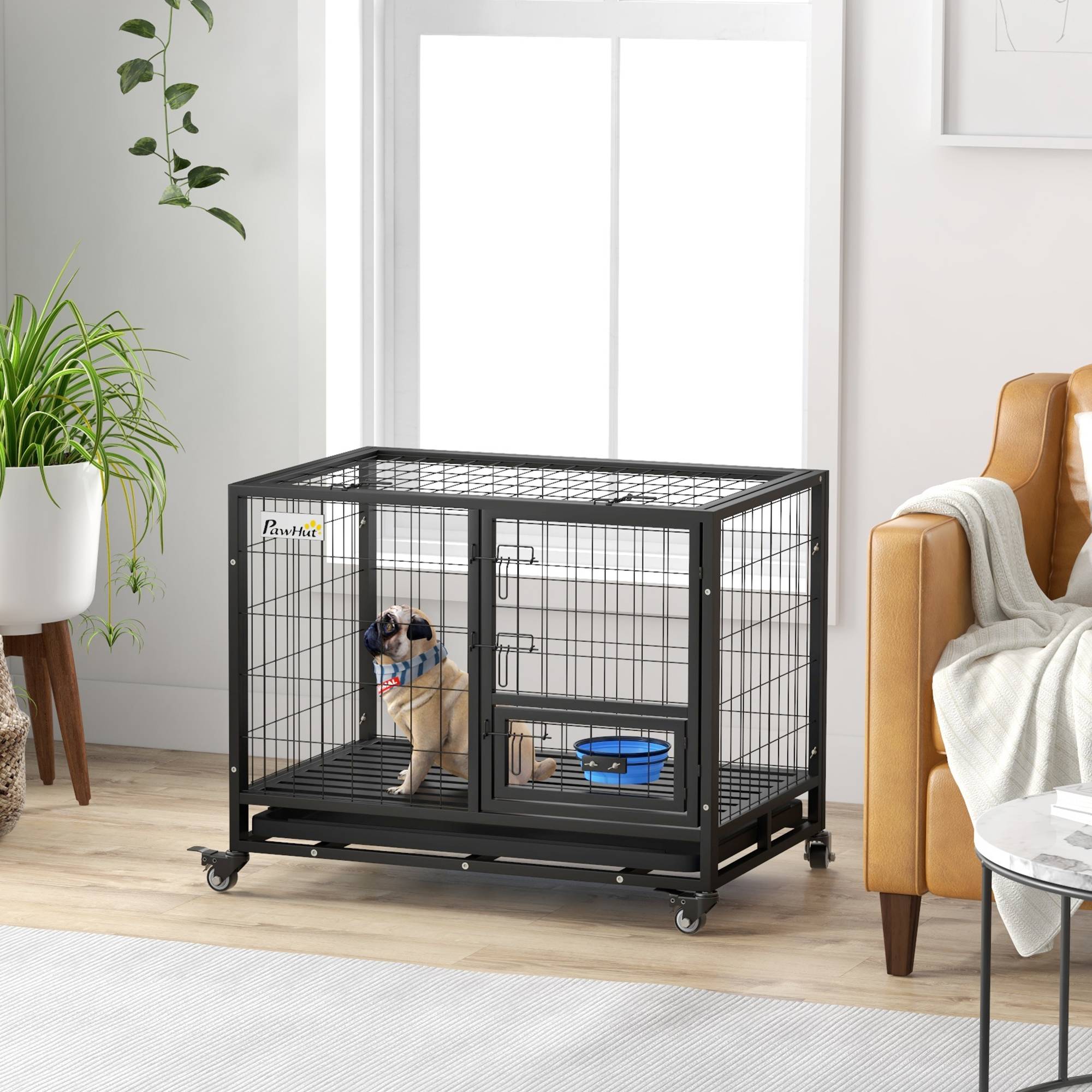 Sans Marque - Cage pour chien cage de transport sur roulettes avec support de gamelle plateau amovible 2 portes verrouillables - Image 3
