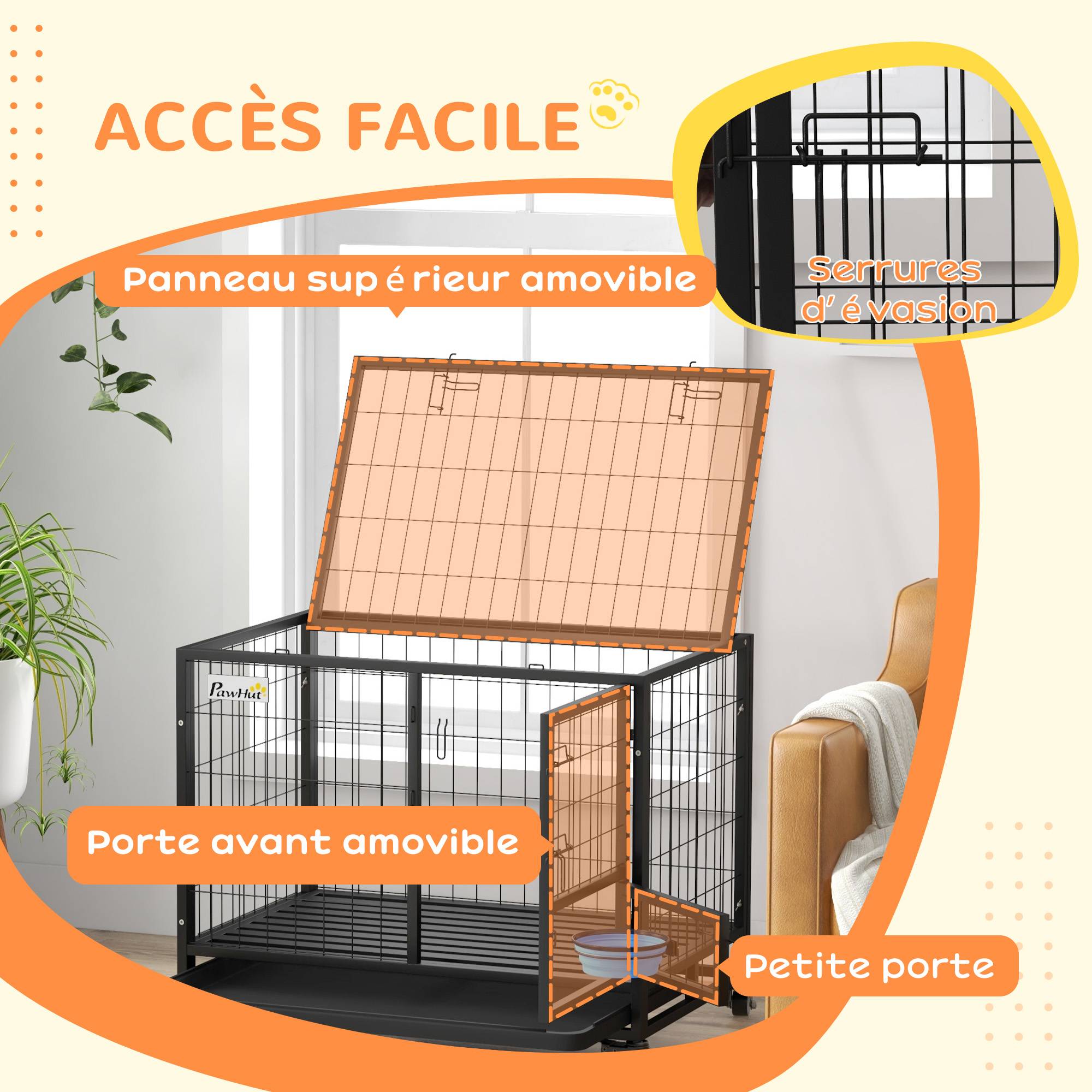Sans Marque - Cage pour chien cage de transport sur roulettes avec support de gamelle plateau amovible 2 portes verrouillables - Image 8